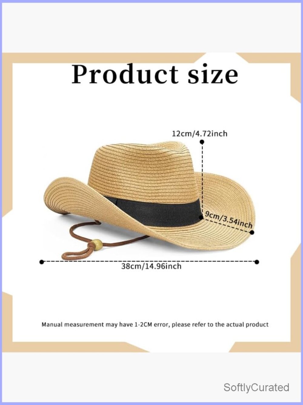 Foldable Wide Brim Straw Cowboy Hat with Drawstring Sun Protection - Picture 2 of 6